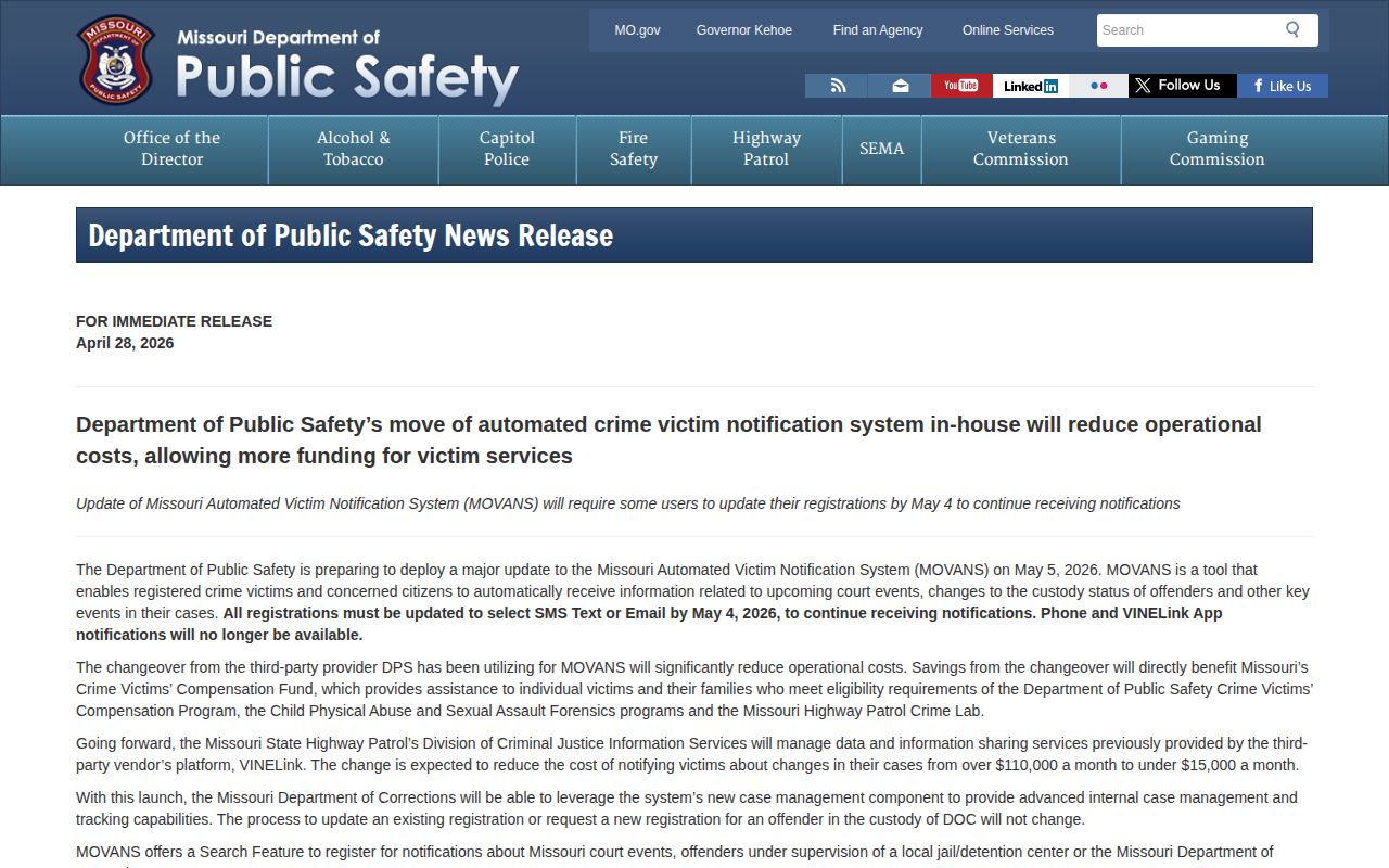 Missouri DPS notice ending phone and app MOVANS release alerts for Callaway County users