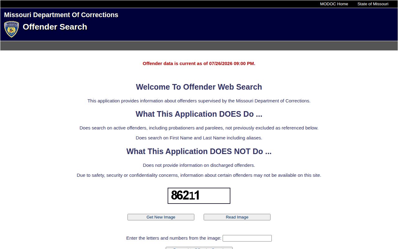 Missouri DOC search form for Callaway County released inmate records